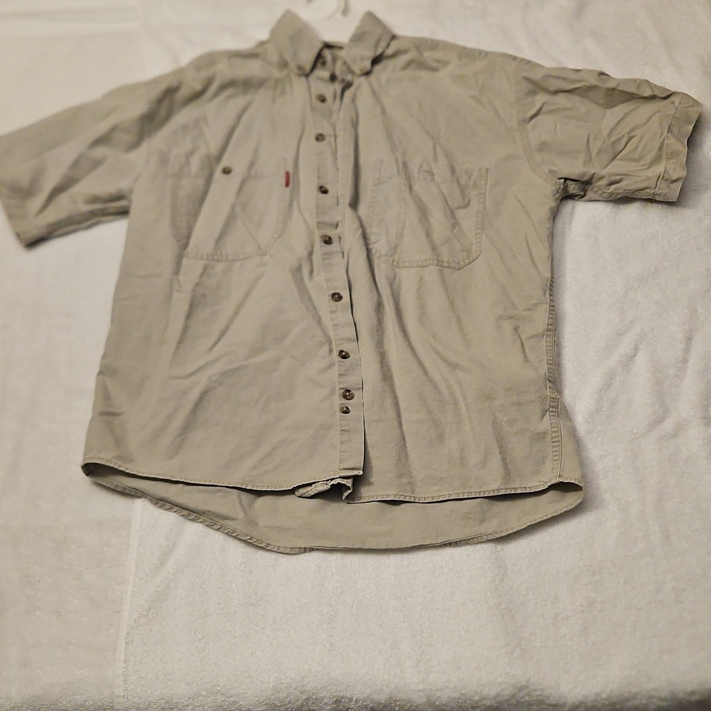 Bugle‎ Boy Button-Up Shirt Beige Short Sleeve Cotton S Men Casual Solid Collared